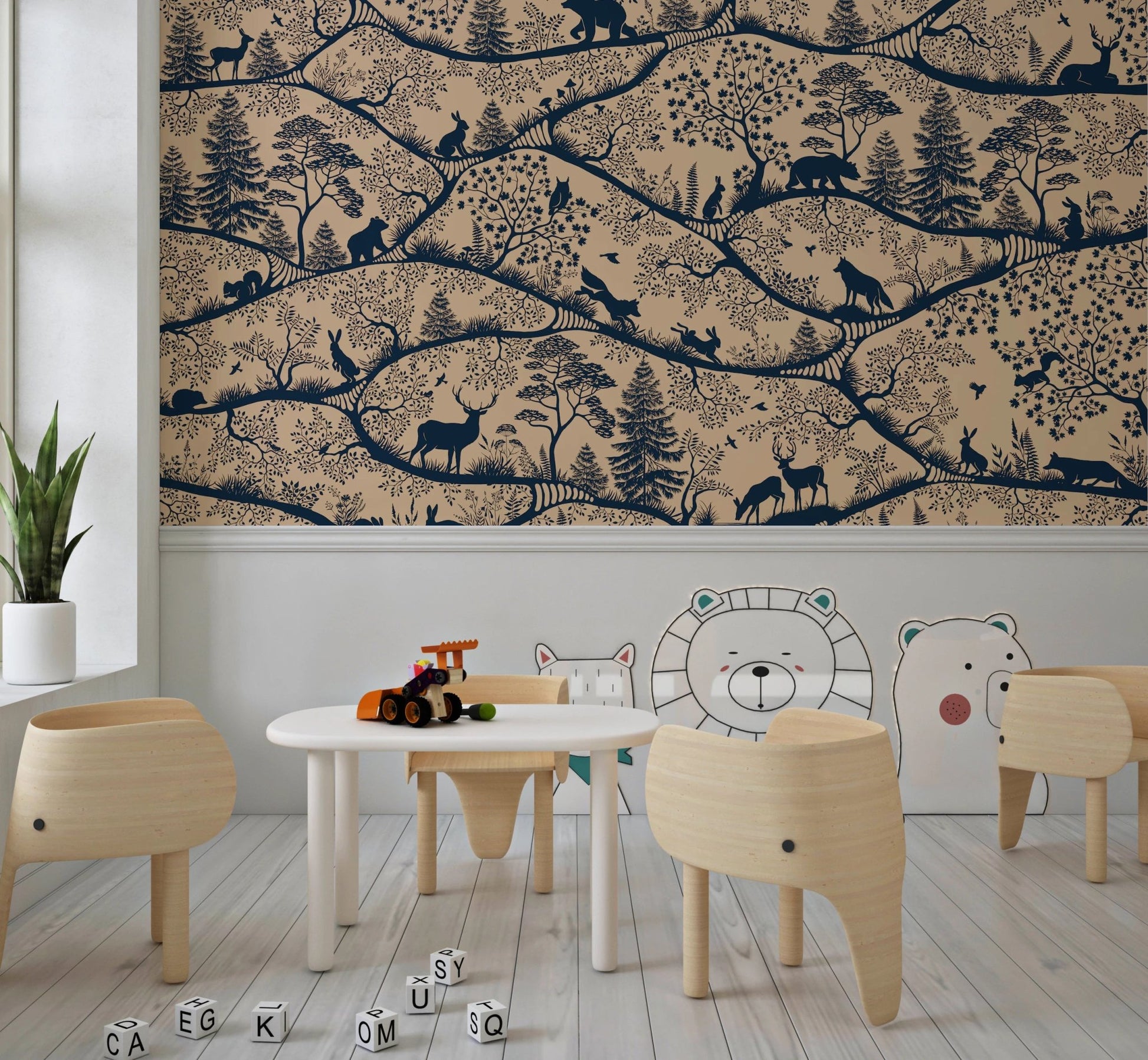 Nordic Nature Beige Blue Wall Mural in a playroom with a white table and chairs.