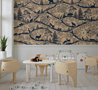 Nordic Nature Beige Blue Wall Mural in a playroom with a white table and chairs.