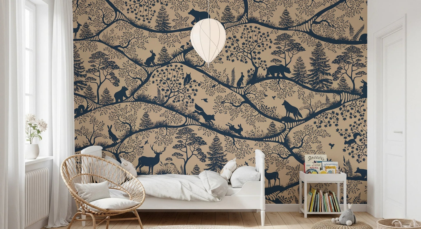 Nordic Nature wall mural featuring wolves and pine trees in a sunlit bedroom.