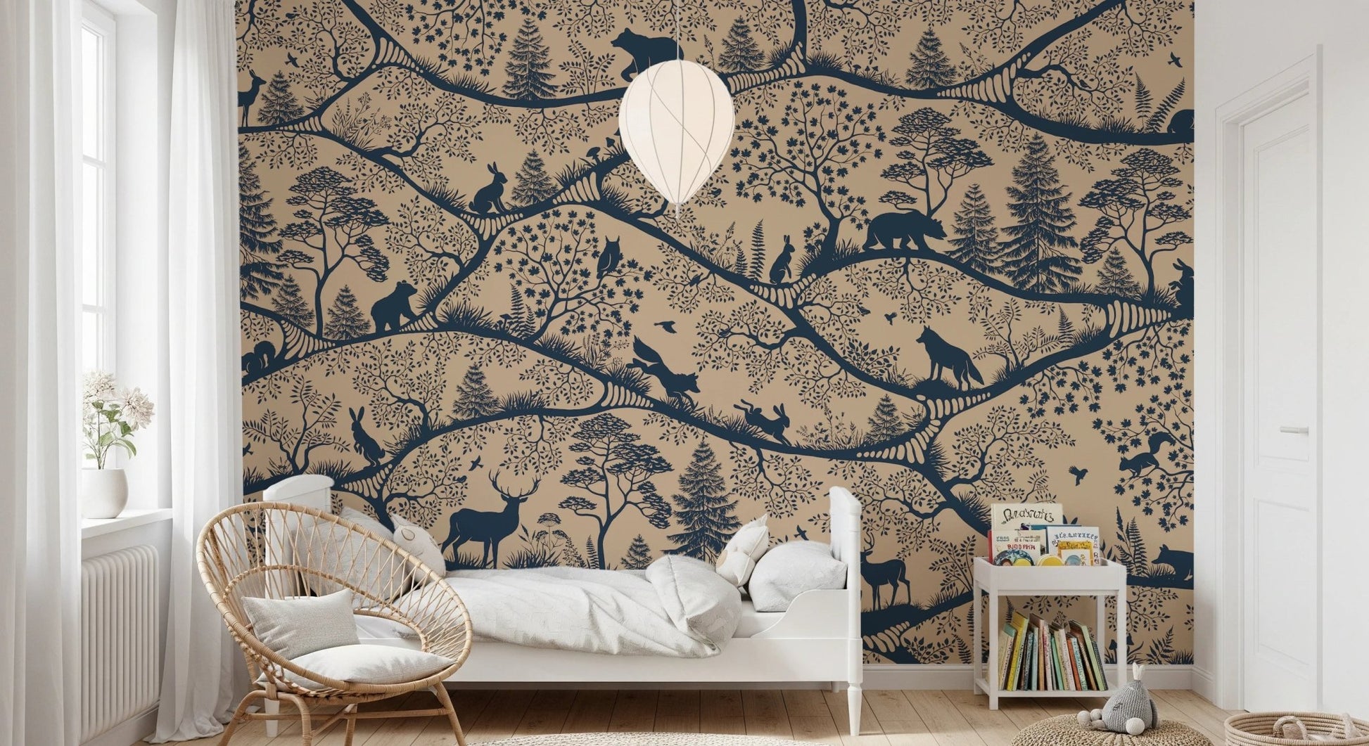 Nordic Nature wall mural featuring wolves and pine trees in a sunlit bedroom.