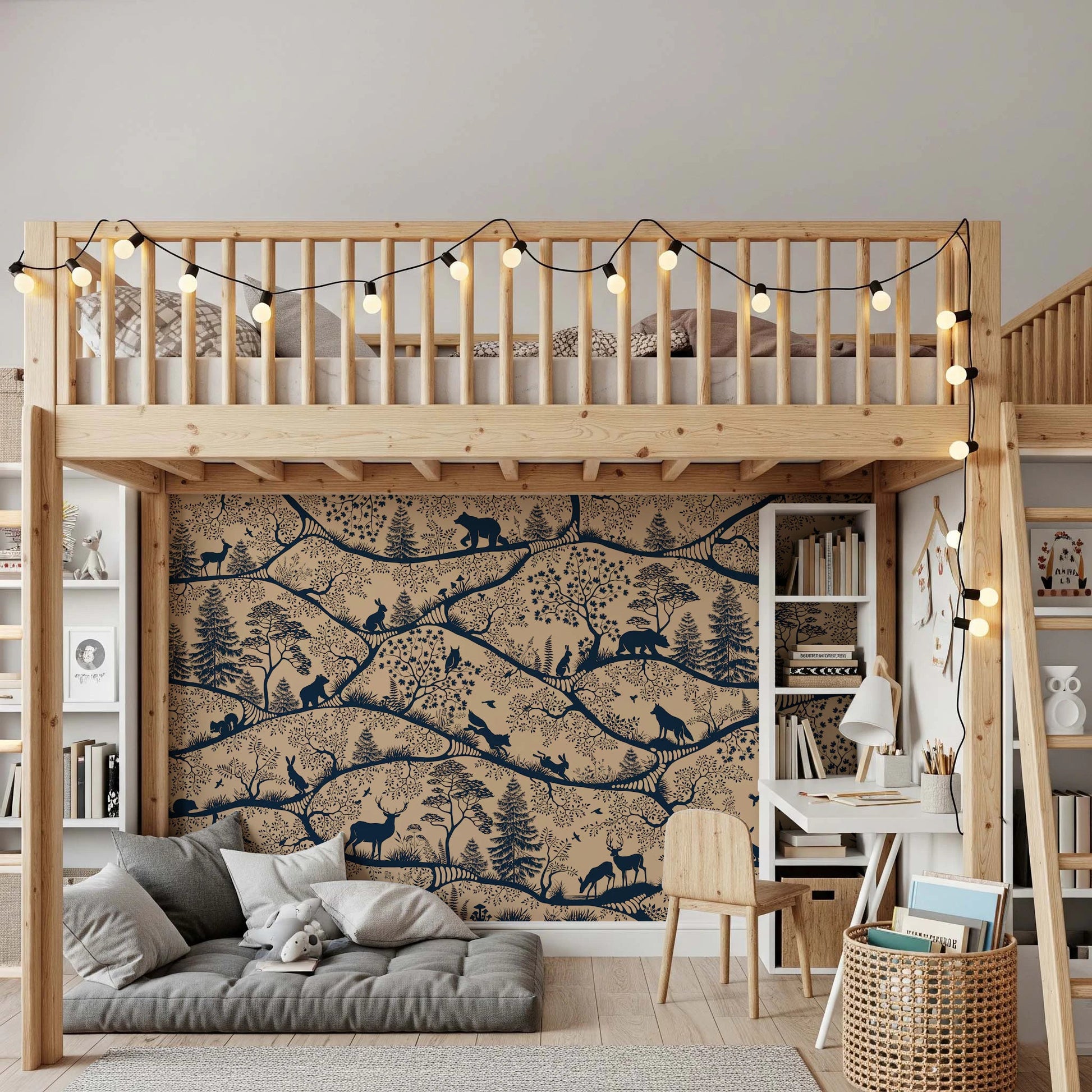 Forest themed beige wall mural behind a wooden loft bed in a modern kids' bedroom.