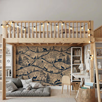 Forest themed beige wall mural behind a wooden loft bed in a modern kids' bedroom.