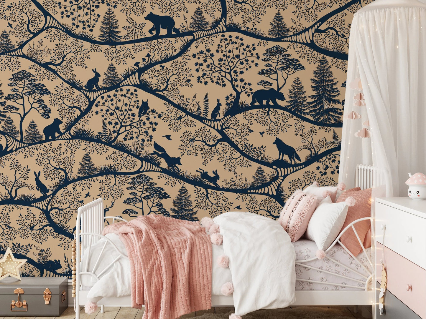 Beige and blue forest wall mural in a nursery with a white dresser and star pillows.