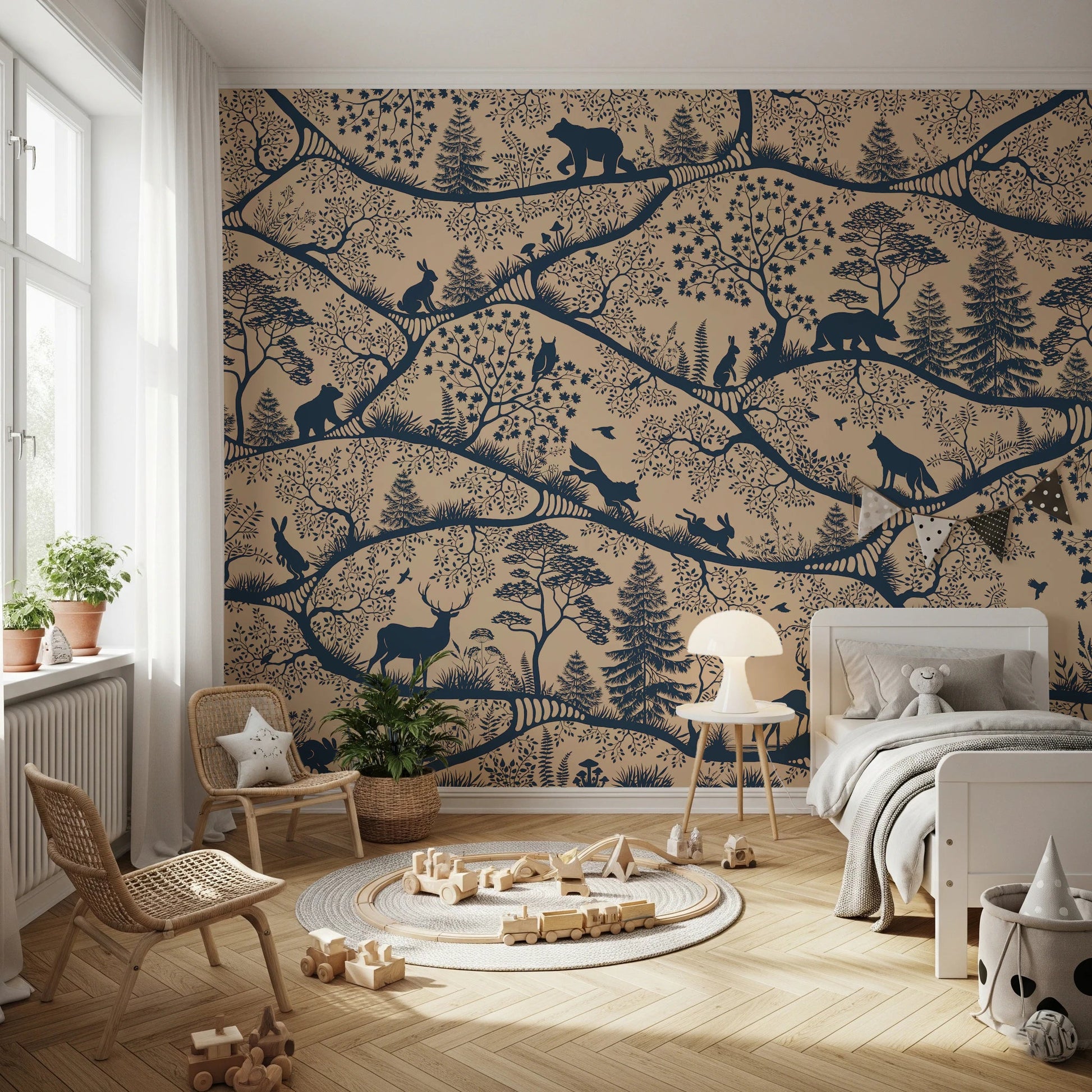 Blue and beige forest wall mural in a child's room with a grey bed and wooden floor.
