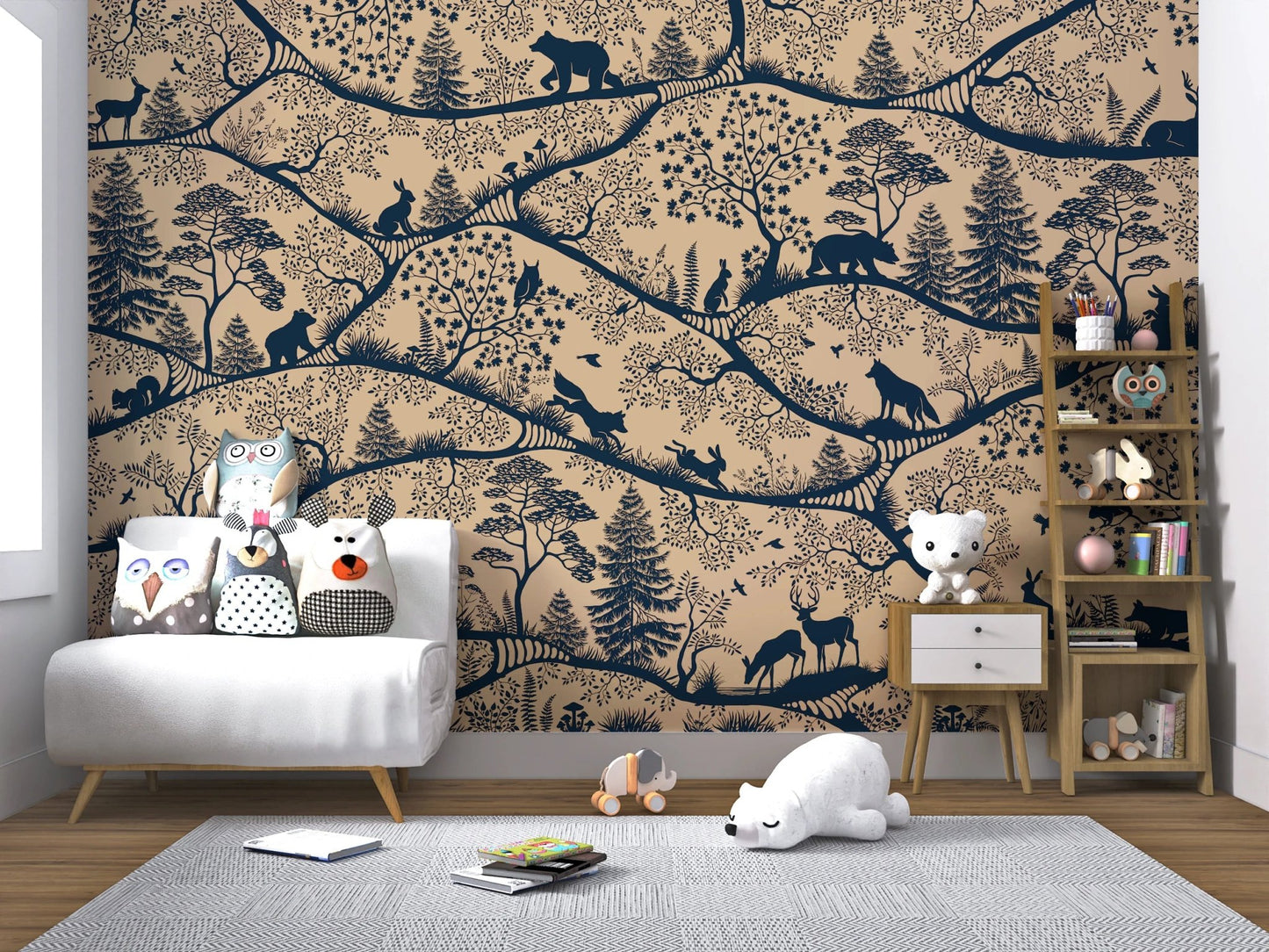 Beige woodland animal wall mural in a nursery with a white armchair and grey rug.