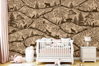 Detailed animal forest wall mural in a bright nursery with a white wooden cot.