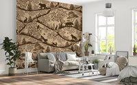 Neutral brown wall mural with pine tree patterns in a contemporary apartment living.