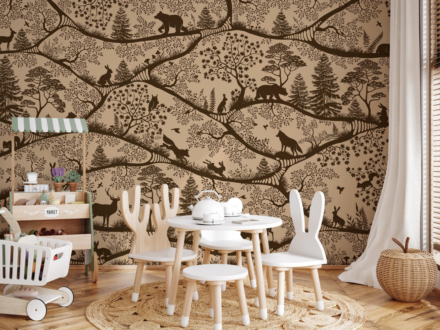 Nordic Nature Beige Brown Wall Mural used as a feature wall in a sunlit playroom.