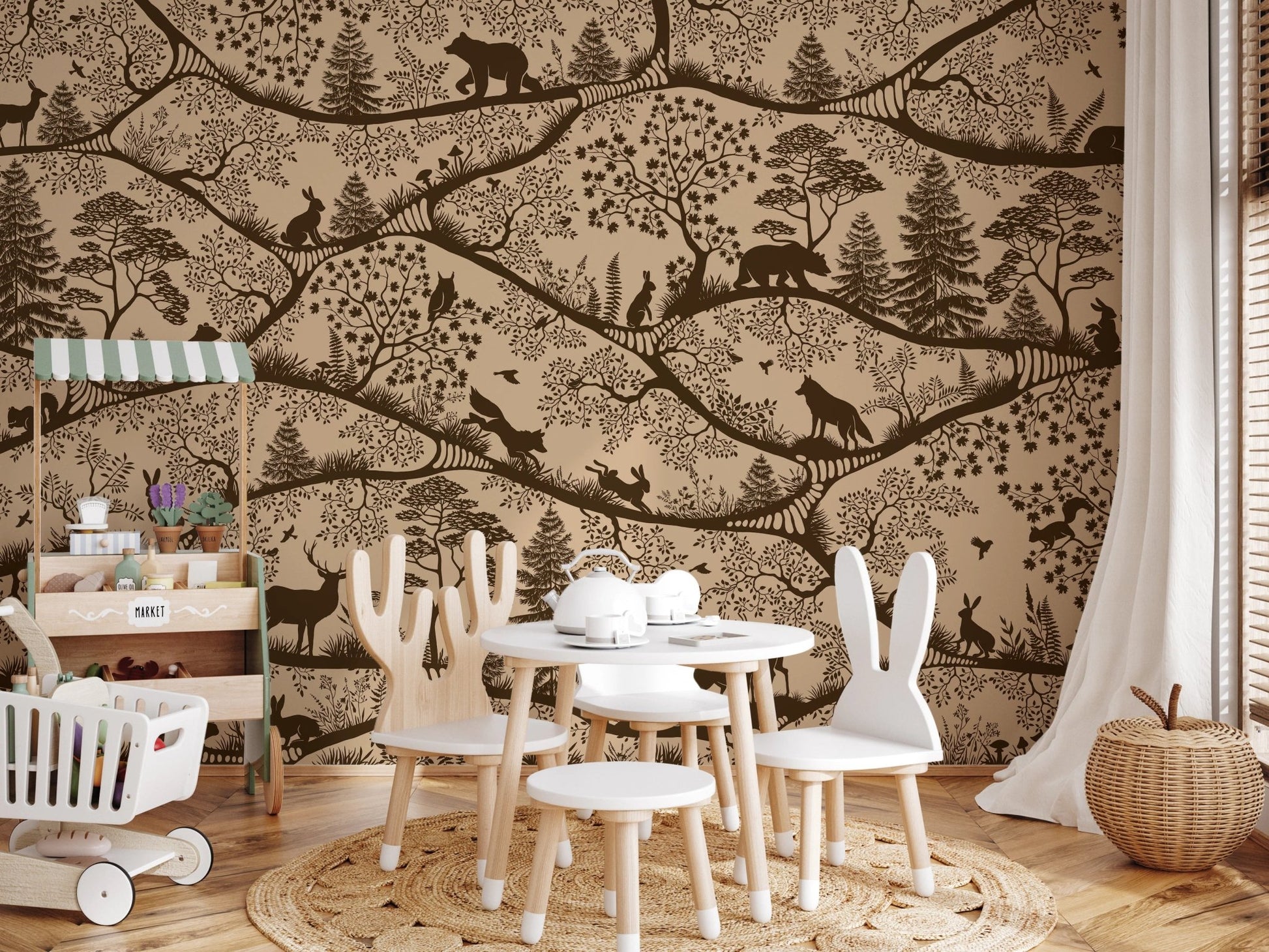 Nordic Nature Beige Brown Wall Mural used as a feature wall in a sunlit playroom.