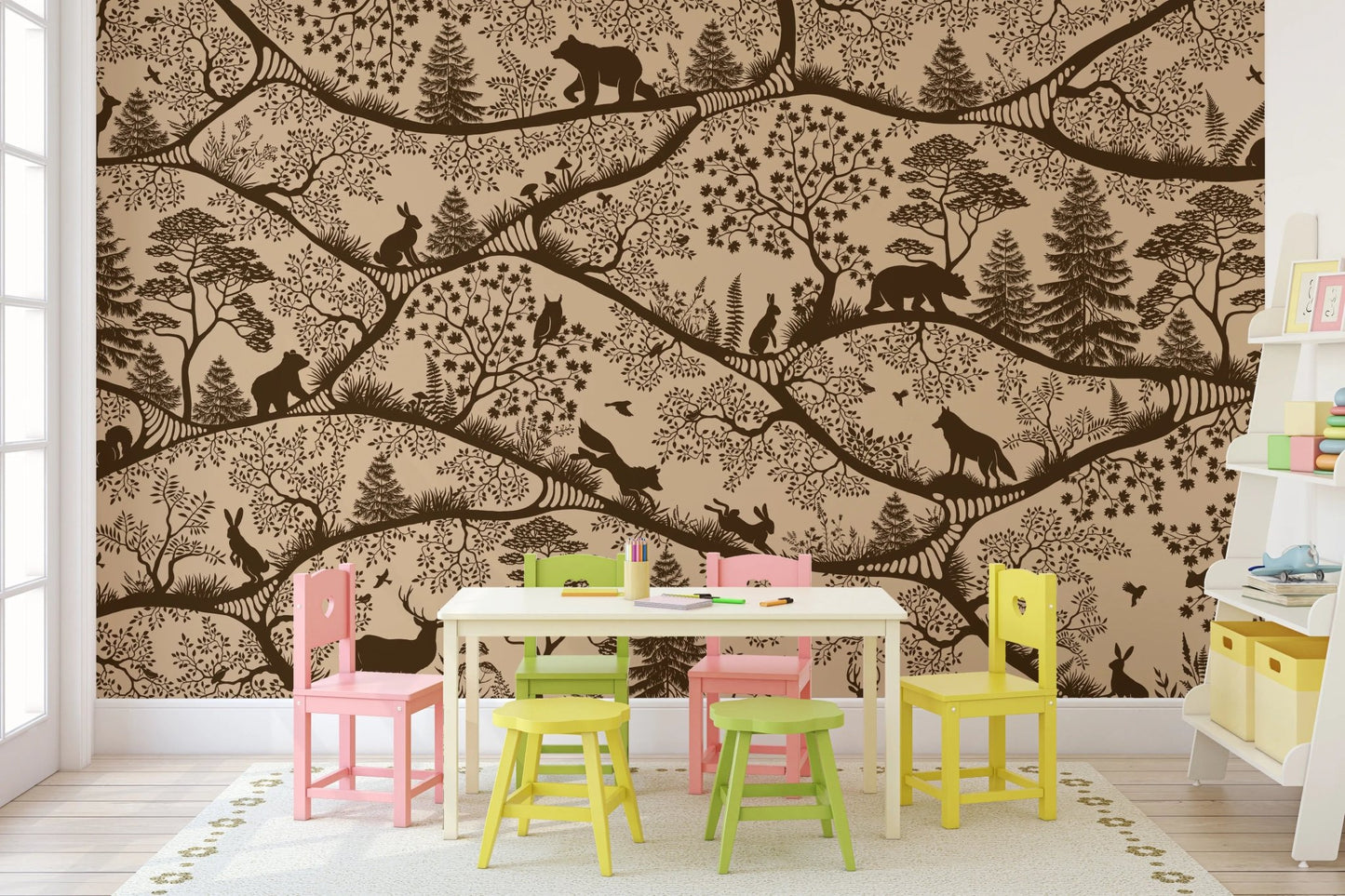 Symmetrical study room with the Nordic Nature Beige Brown Wall Mural.