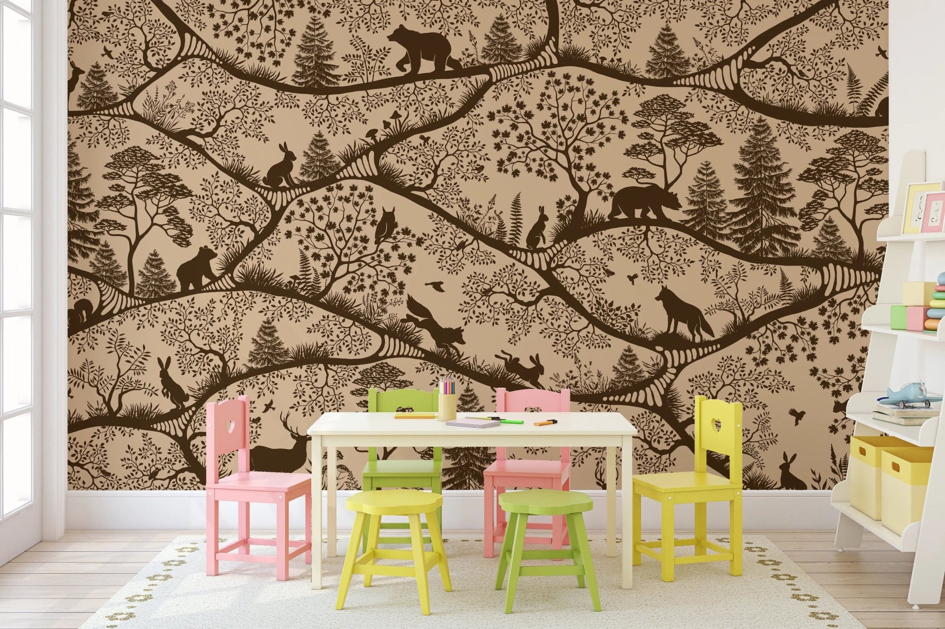 Symmetrical study room with the Nordic Nature Beige Brown Wall Mural.