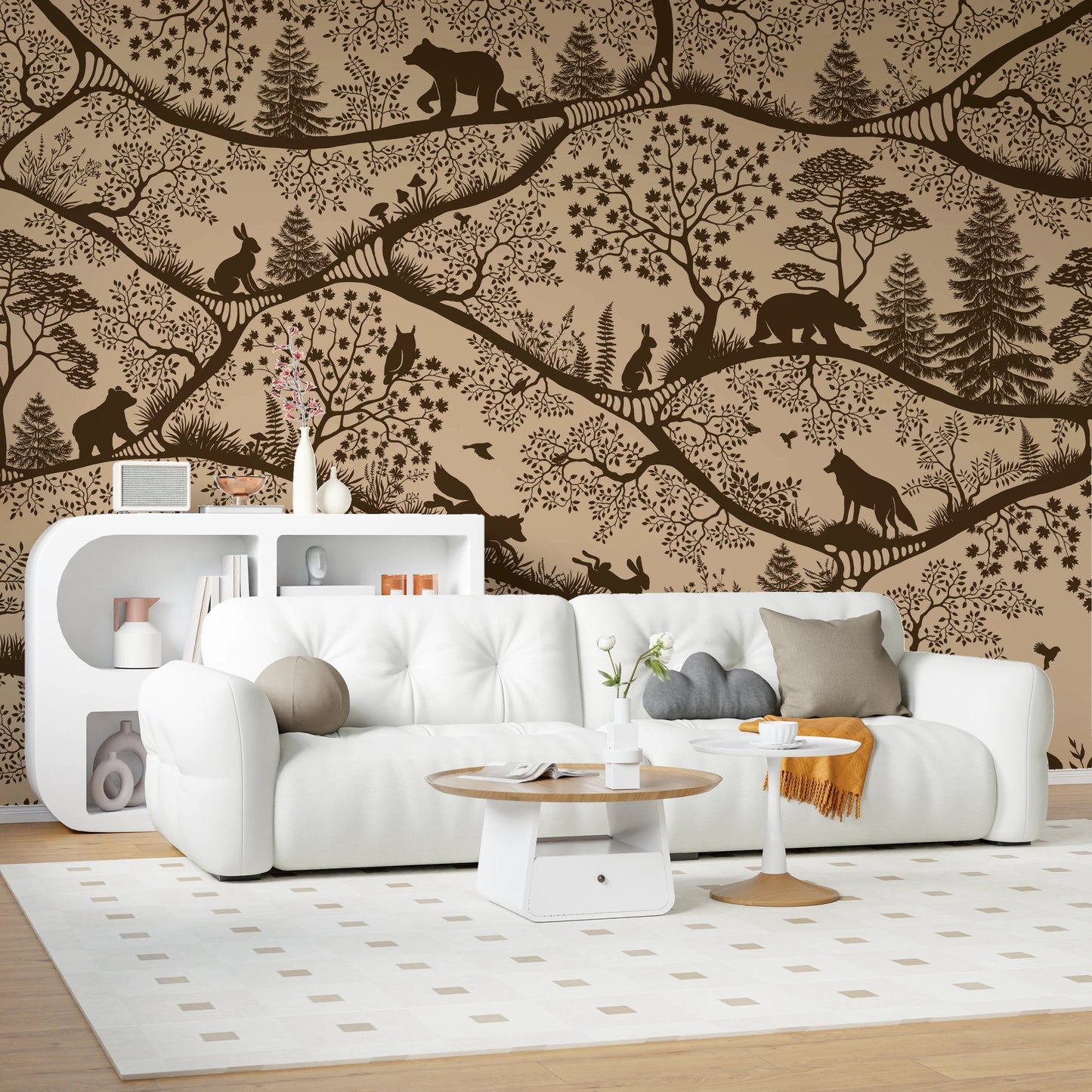 Beige nature wall mural behind a white sofa and round coffee table in a living room.