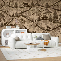 Beige nature wall mural behind a white sofa and round coffee table in a living room.