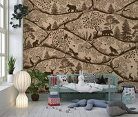 Brown forest wall mural with bears and deer in a modern nursery with a blue crib.