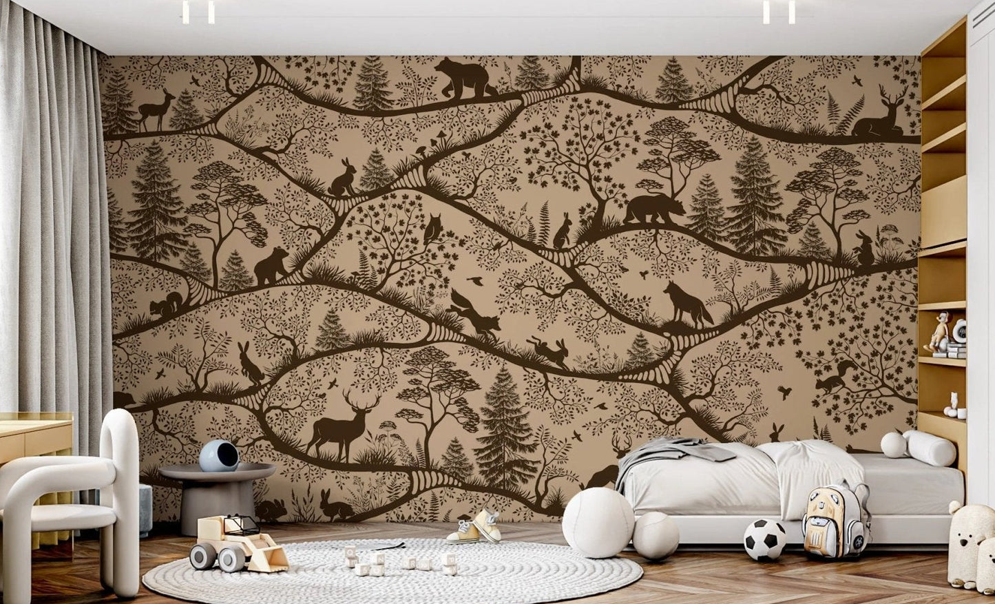 Beige woodland wall mural decorating a large kids' bedroom with wooden floors.