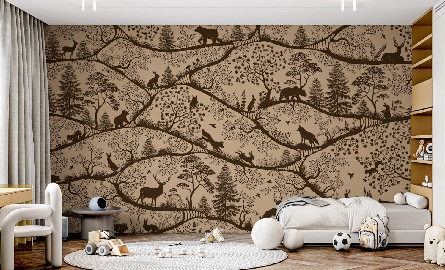 Beige woodland wall mural decorating a large kids' bedroom with wooden floors.