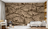 Beige woodland wall mural decorating a large kids' bedroom with wooden floors.