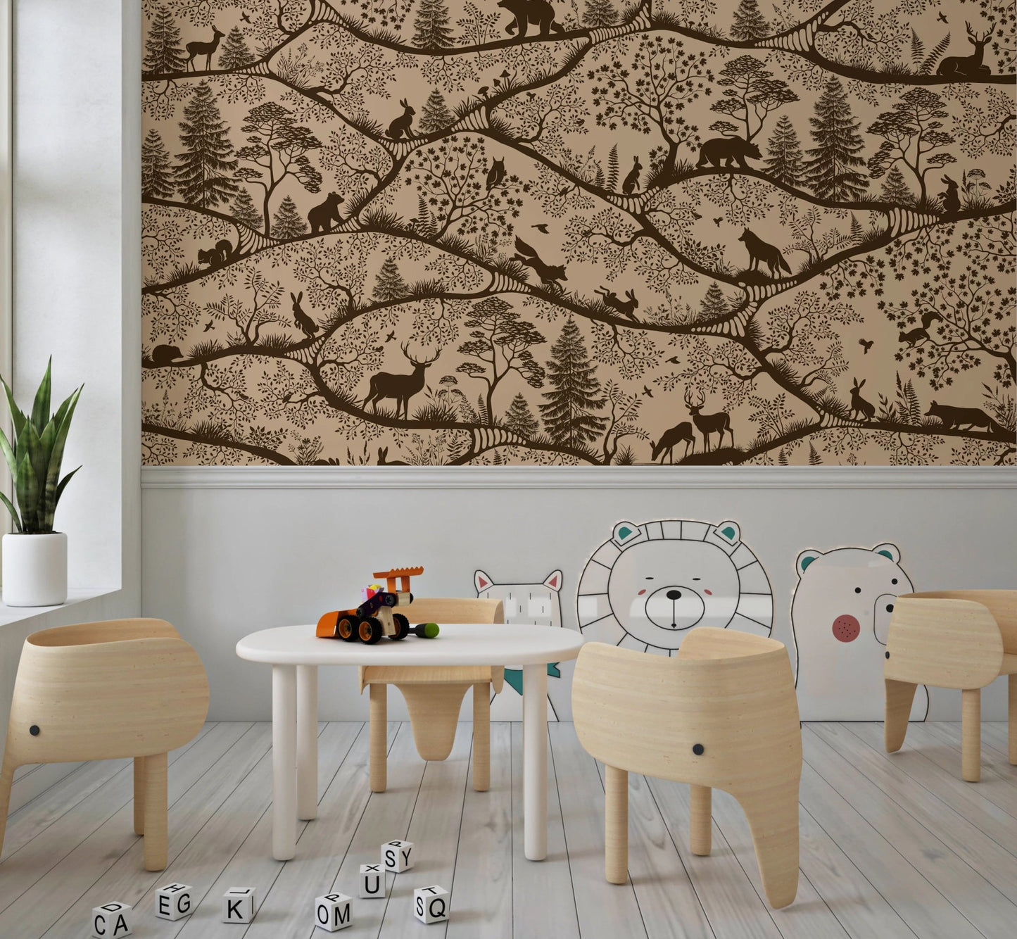 Beige Forest landscape wall mural with small wood chairs and a table for children.