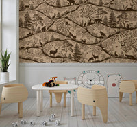 Beige Forest landscape wall mural with small wood chairs and a table for children.