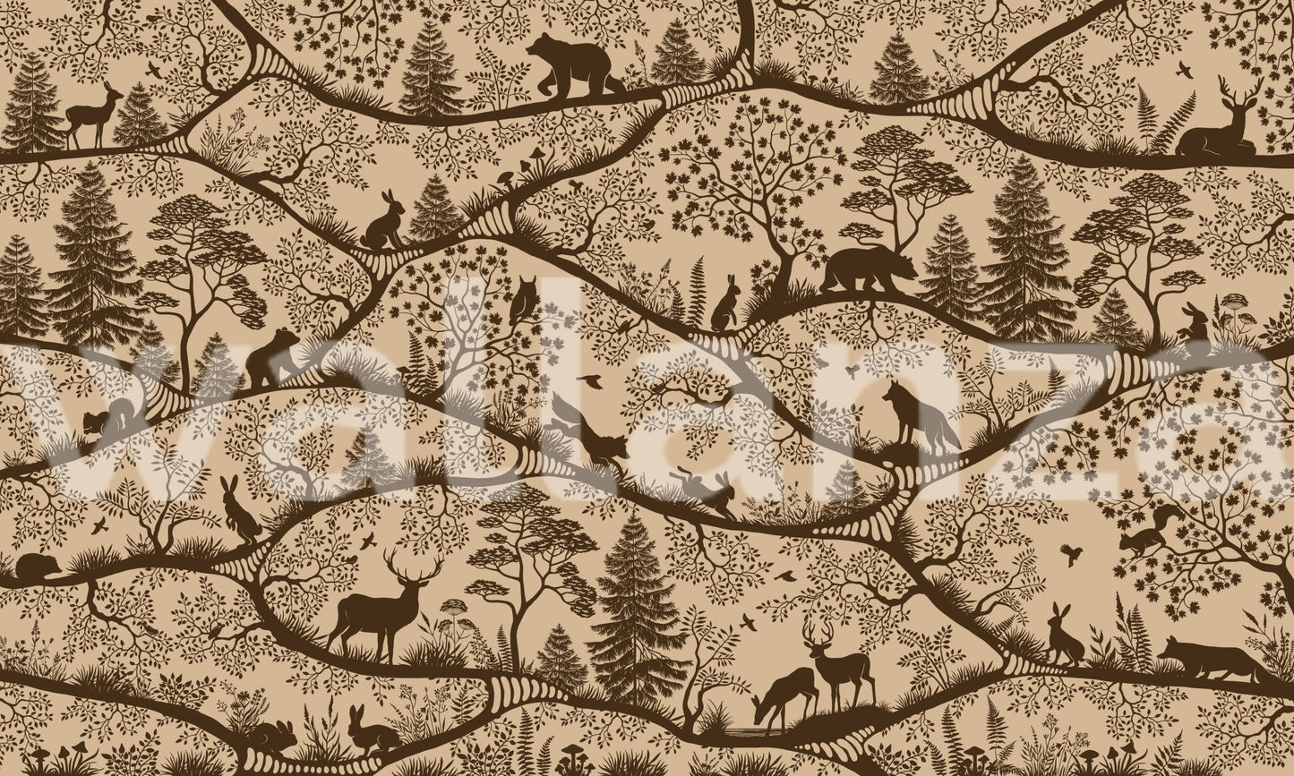 Nordic Nature Beige Brown Wall Mural featuring bears and birds in a warm beige tone.