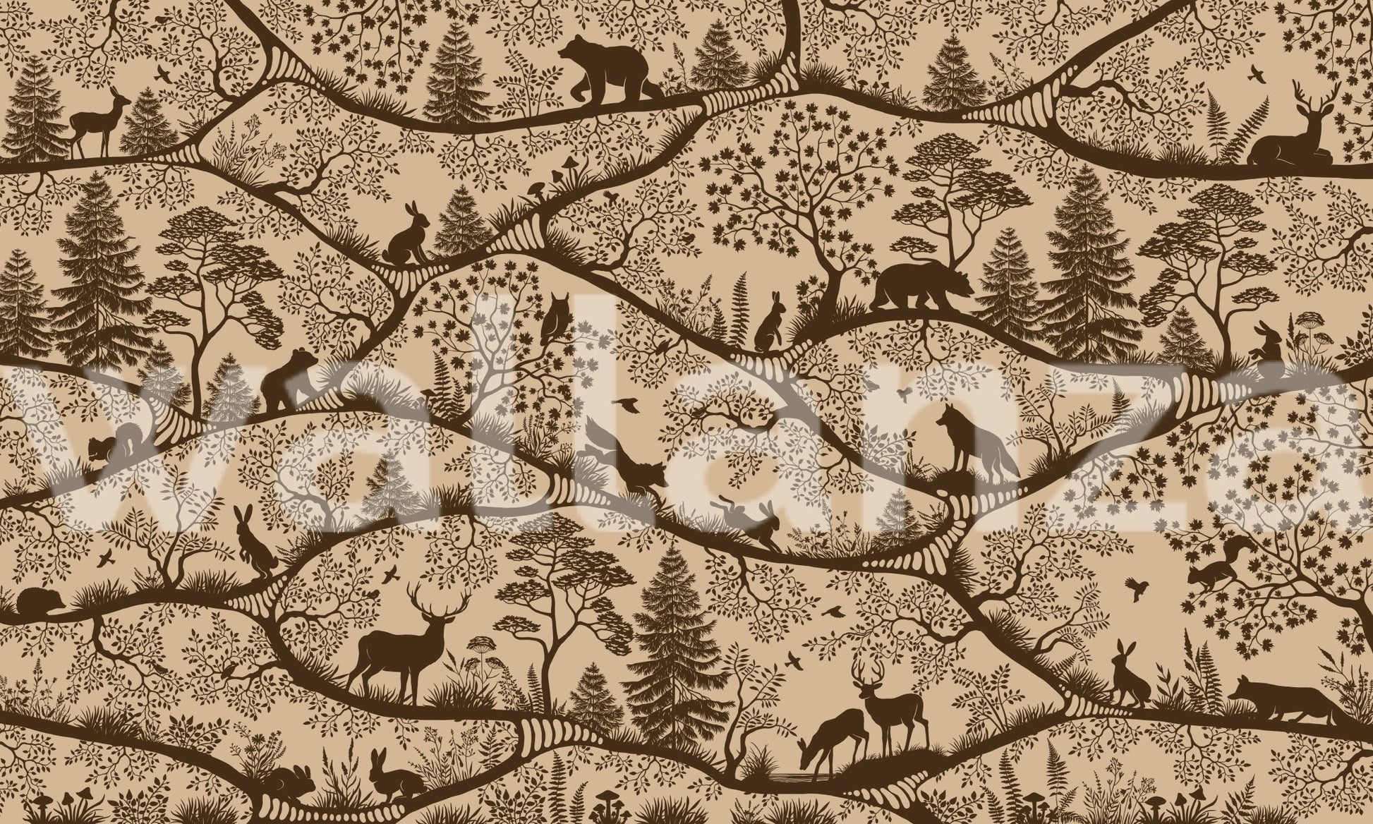 Nordic Nature Beige Brown Wall Mural featuring bears and birds in a warm beige tone.