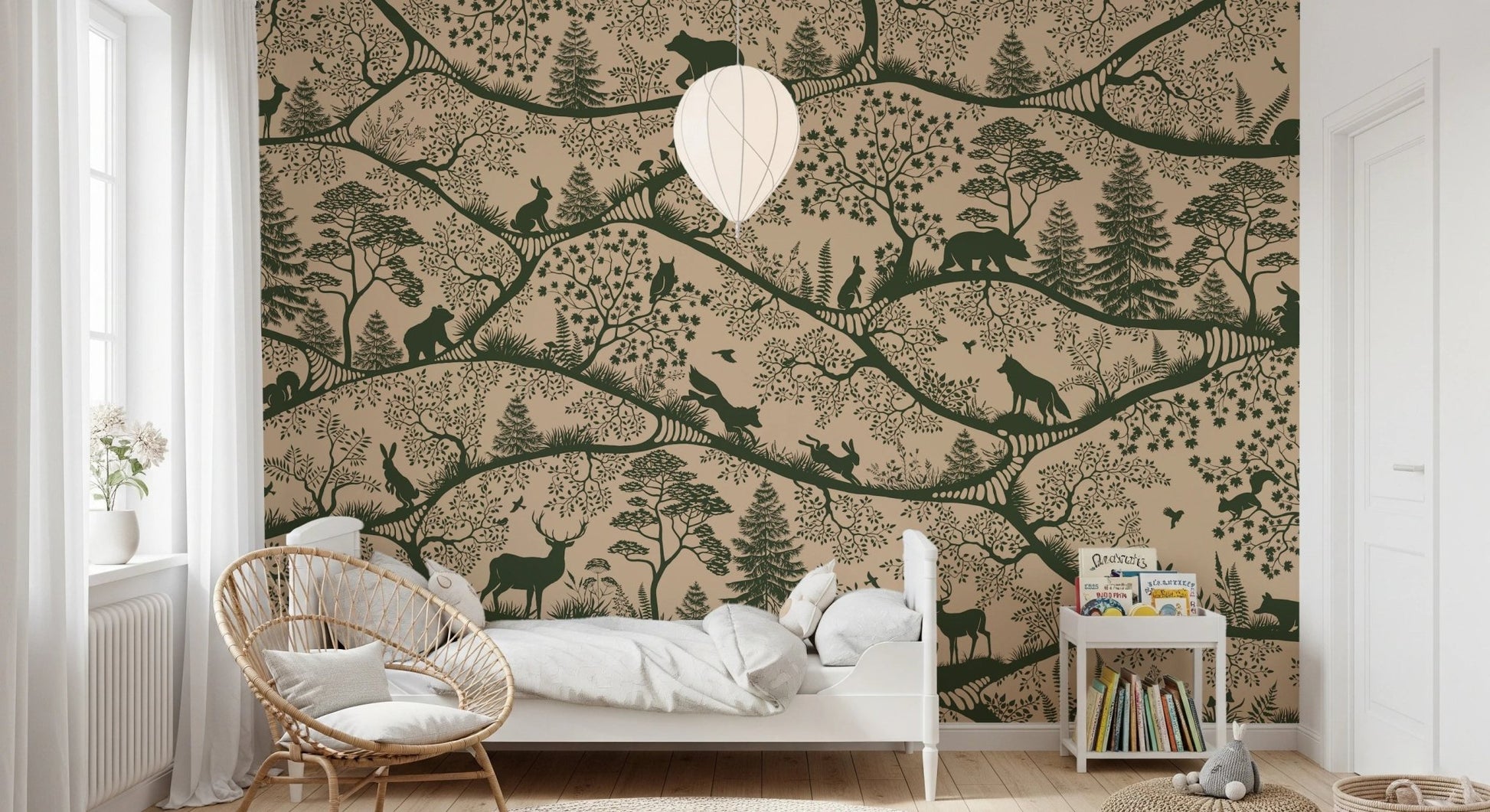 Bedroom with a white bed and wooden furniture against a green nature wall mural.