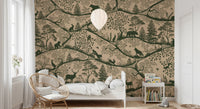 Bedroom with a white bed and wooden furniture against a green nature wall mural.