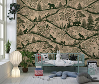 Nursery with a light blue metal crib and green forest animal wall mural