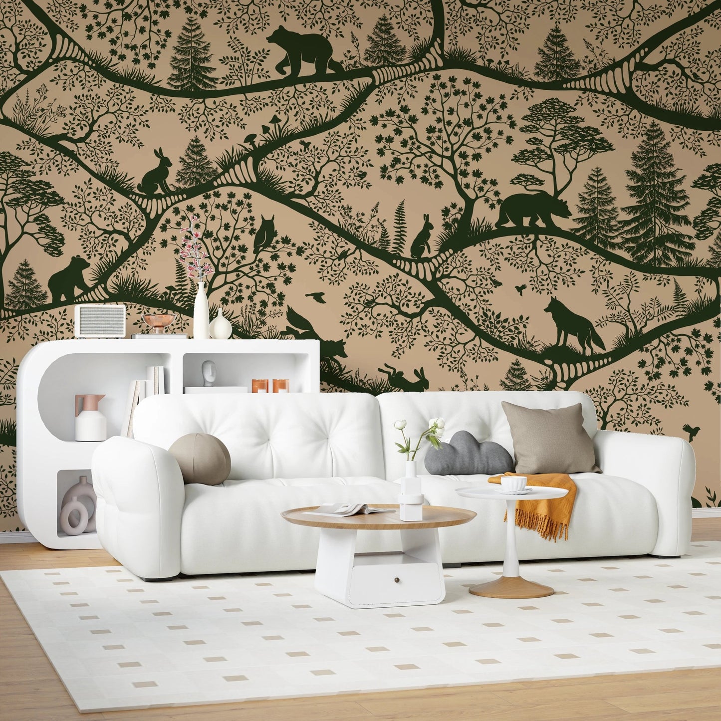 Living room with a white sofa, round coffee table, and beige forest animal wall mural.