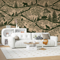 Living room with a white sofa, round coffee table, and beige forest animal wall mural.