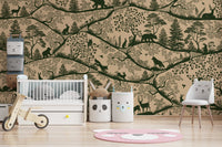 Kids play area with a white crib, wooden bike, and beige nature wall mural.