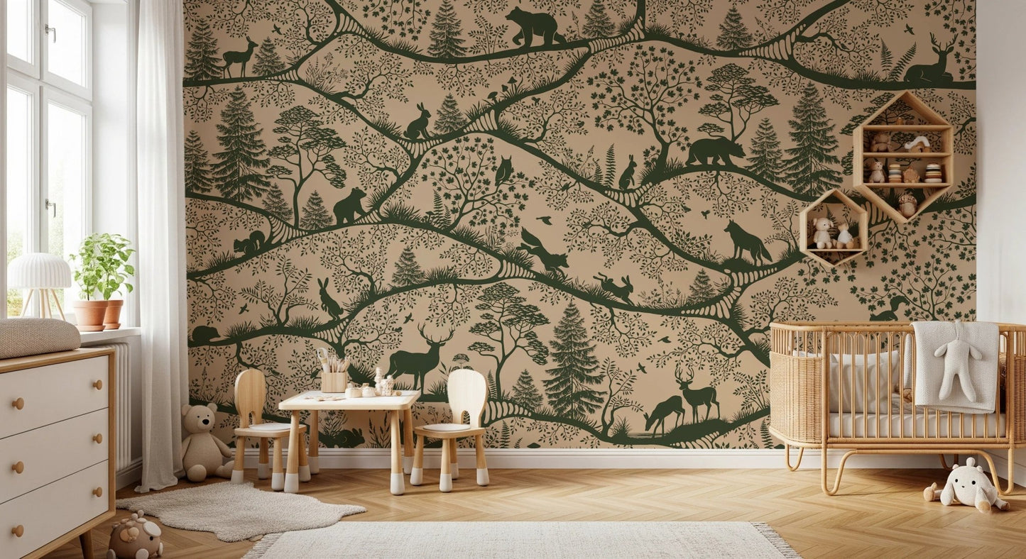 Small desk and chair for kids placed in front of a beige forest wall mural.