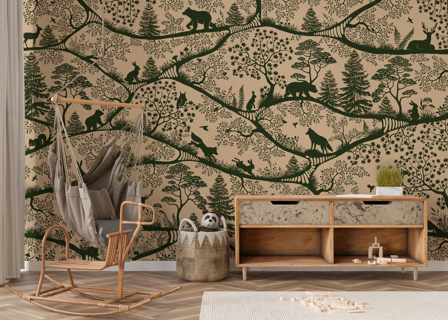 Seating area featuring a hanging chair and Nordic Nature Beige Green Wall Mural.