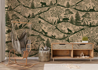 Seating area featuring a hanging chair and Nordic Nature Beige Green Wall Mural.