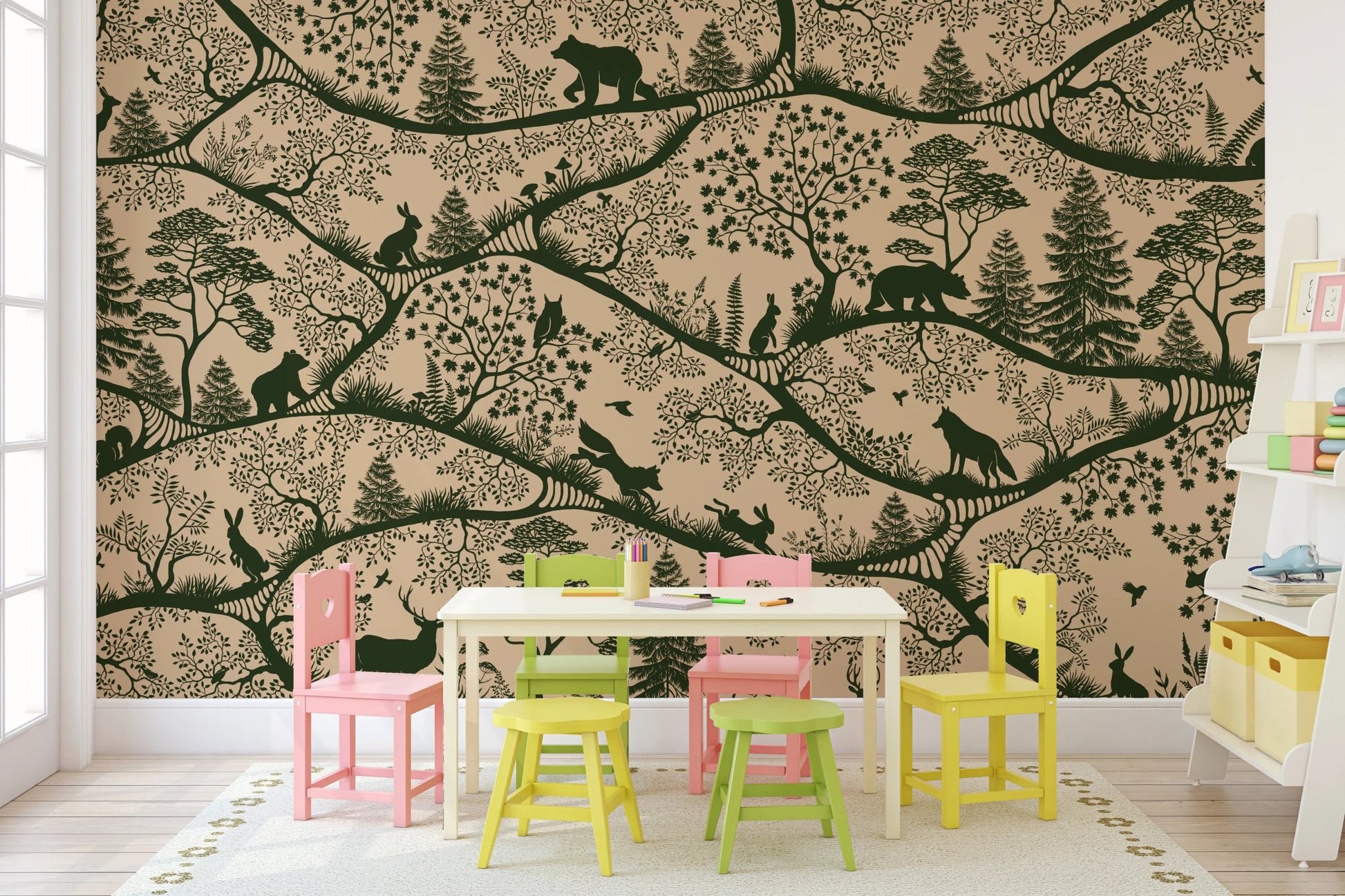 Playroom with a white table, colorful chairs and Nordic Nature Beige Green Wall Mural.