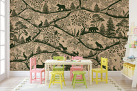 Playroom with a white table, colorful chairs and Nordic Nature Beige Green Wall Mural.
