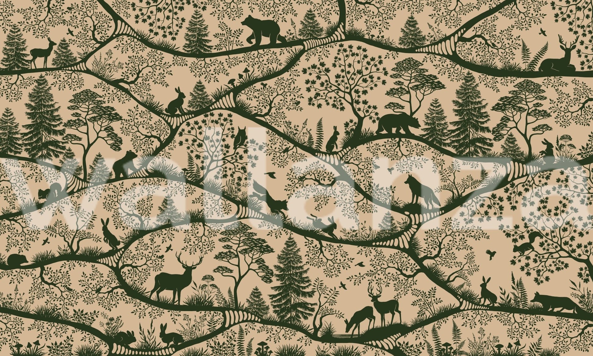 Beige Forest landscape wall mural with bears and foxes for a feature wall installation.