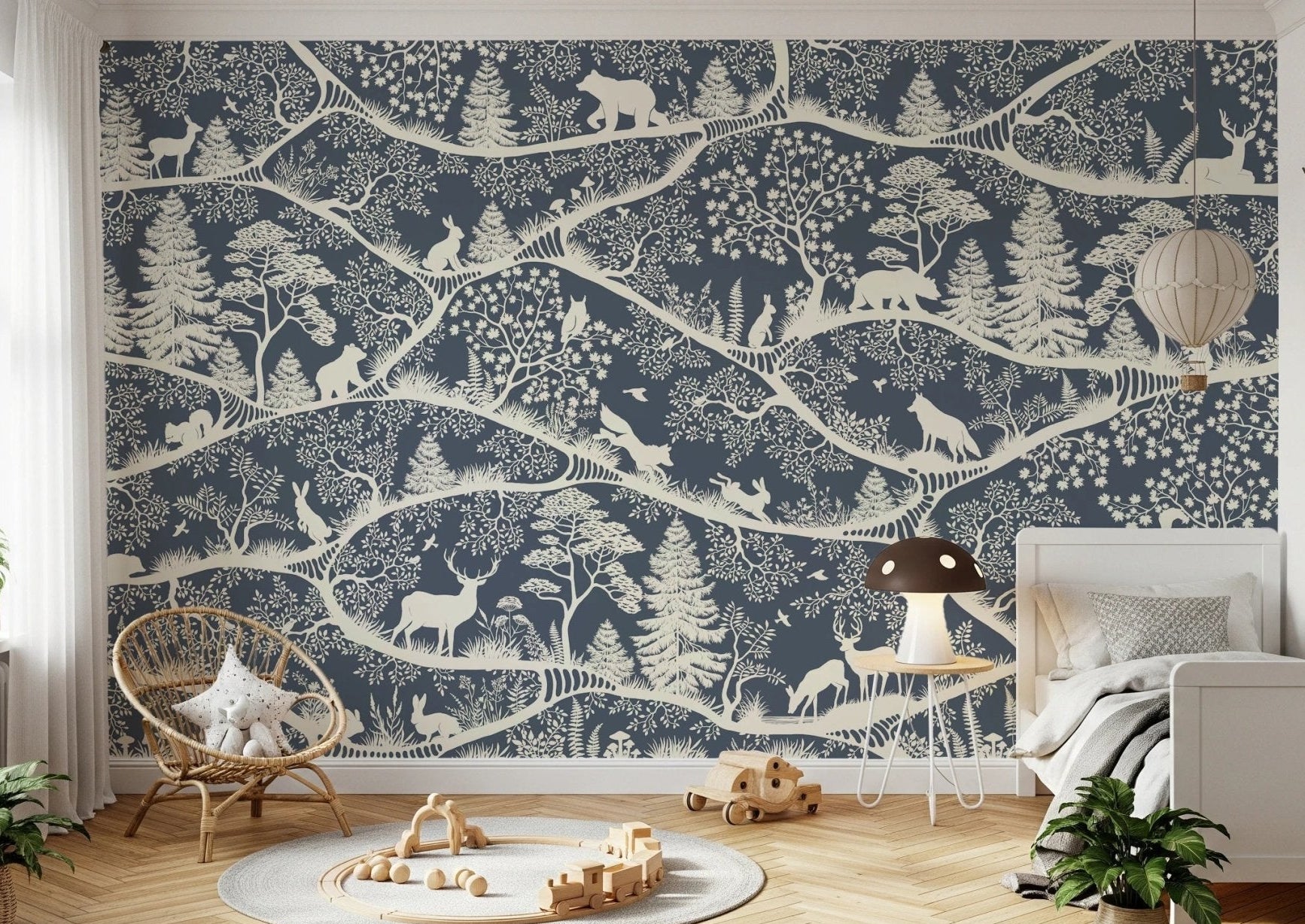 Sunlit kids room with a blue animal pattern wall mural.