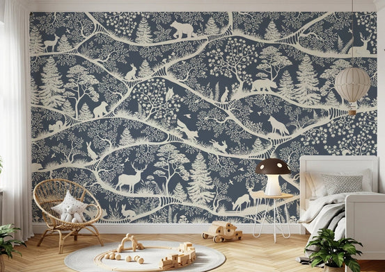 Sunlit kids room with a blue animal pattern wall mural.