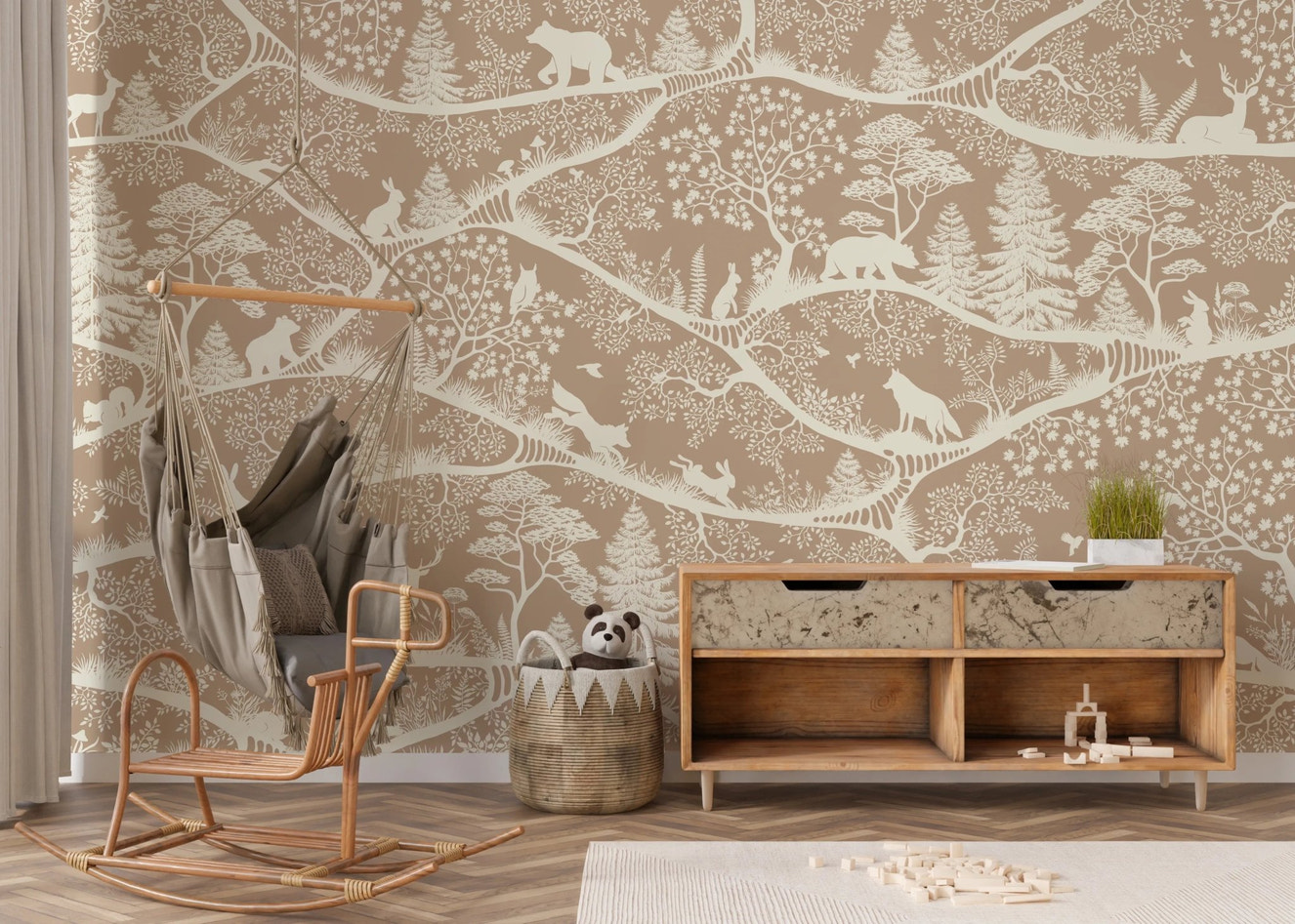 Nordic Nature Brown White Wall Mural in nursery with wooden rocking chair.