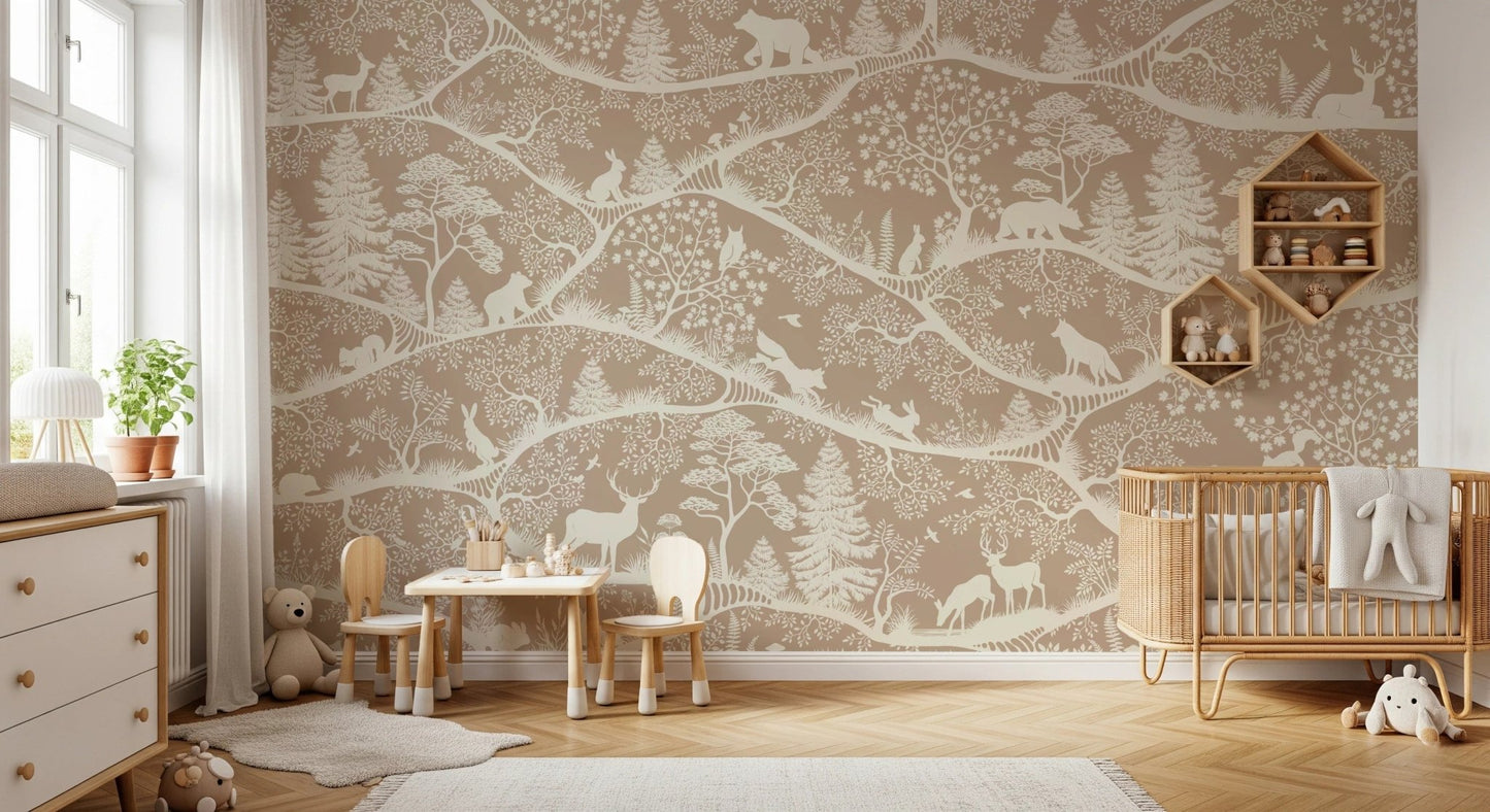 Neutral tone nature wall mural in a minimalist study area with wooden desk.