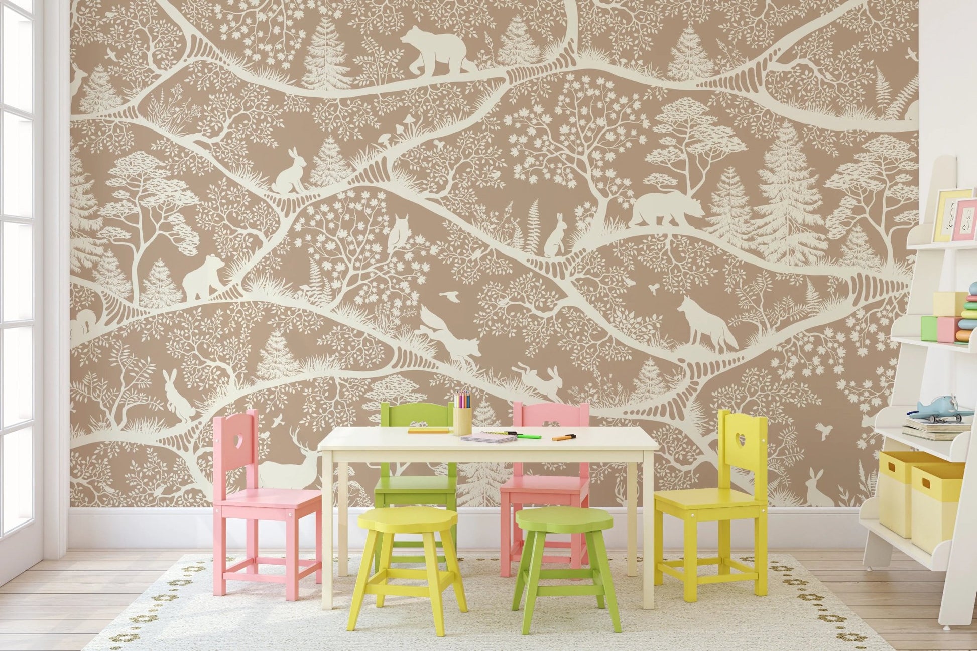 Hand-drawn nature wall mural in a bright play area with colorful chairs.
