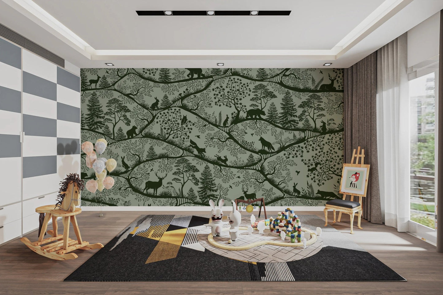 Greenery themed wall mural in a modern play area with wooden furniture.