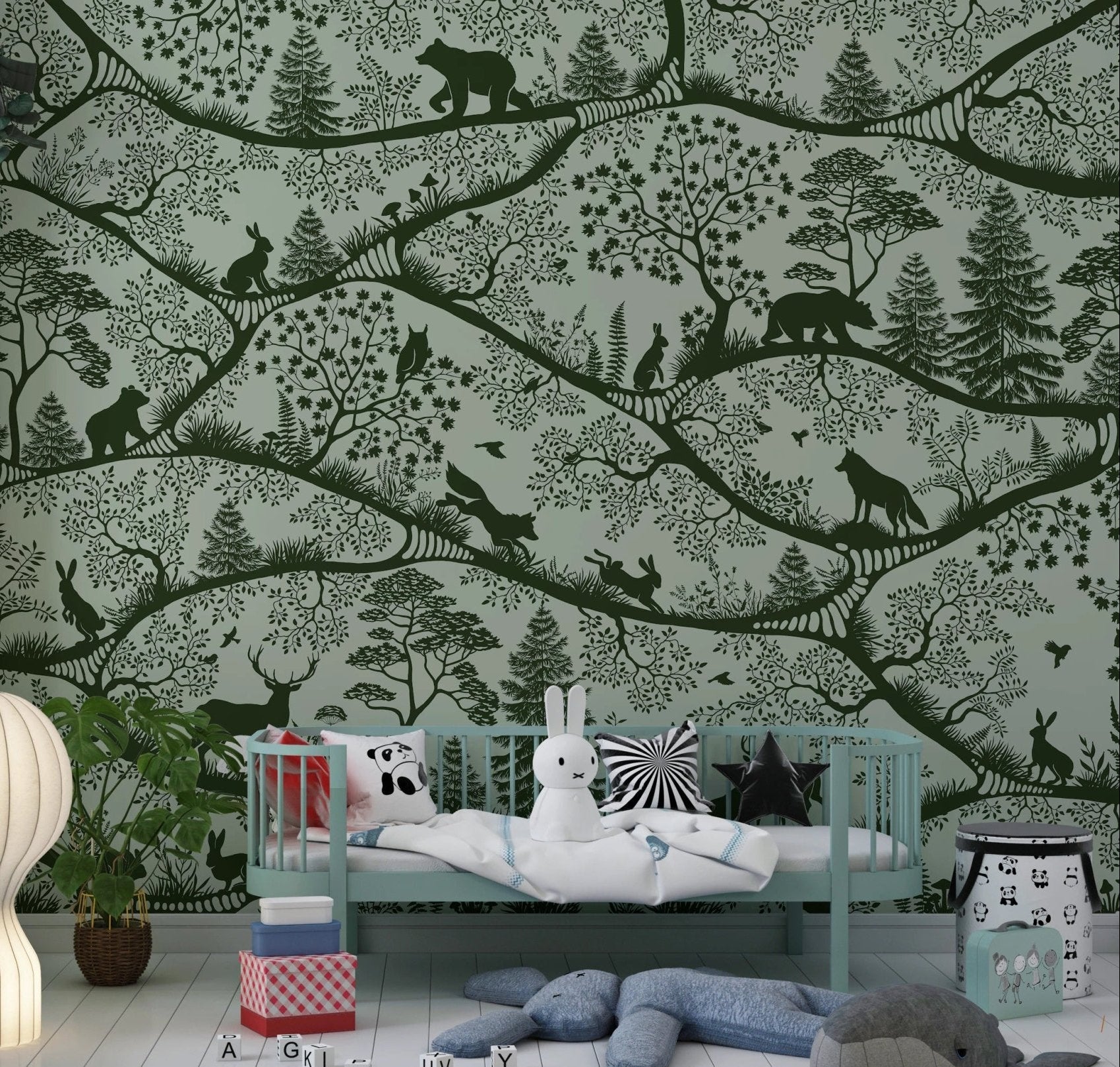 Nordic Nature Green Wall Mural in a kids bedroom.