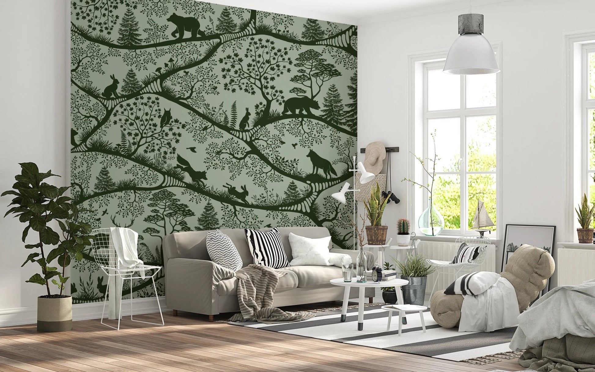 Green forest landscape wall mural in a bright living room with a grey sofa.