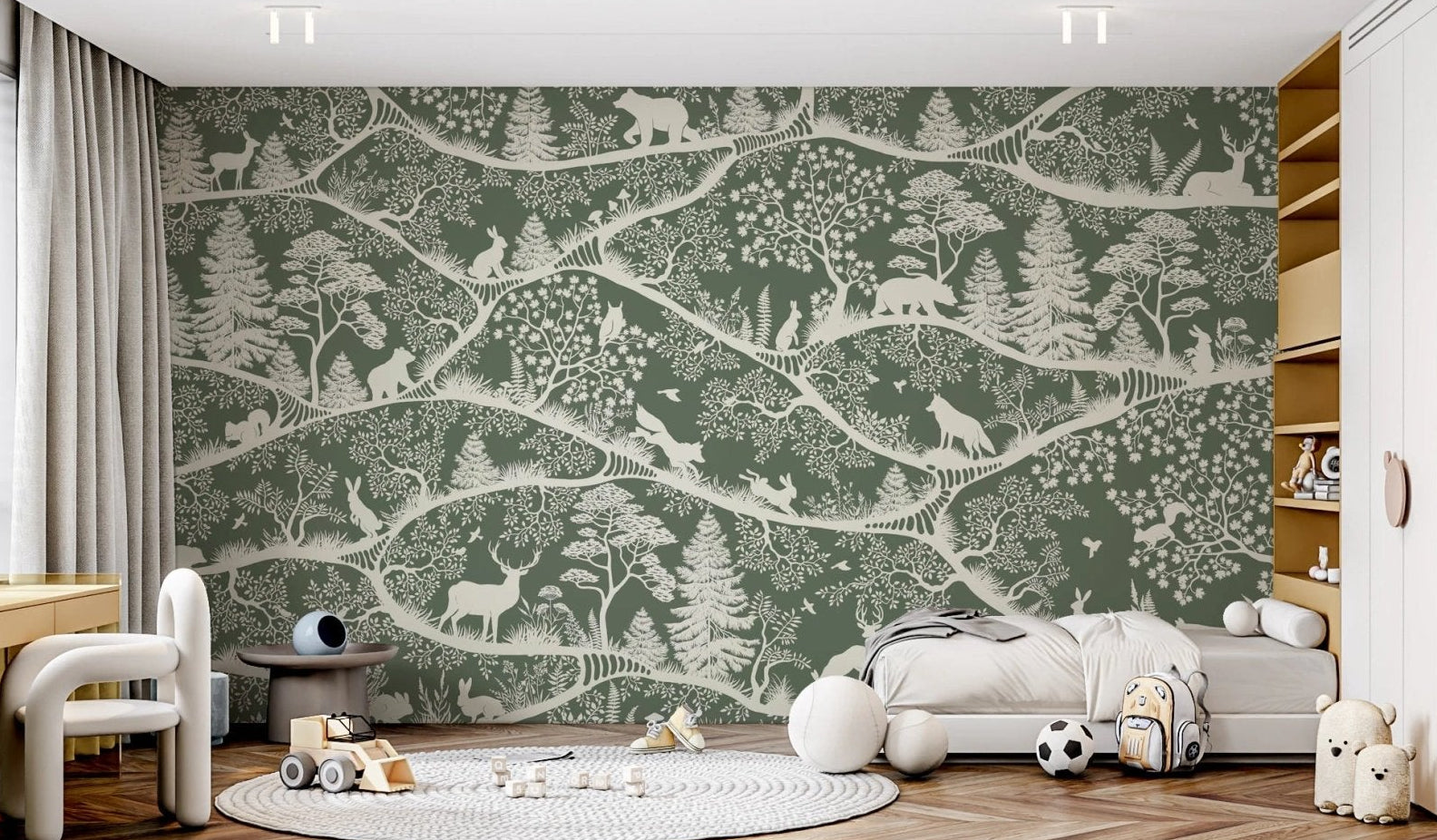 Kids bedroom wall mural with green tree patterns and white animal illustrations.