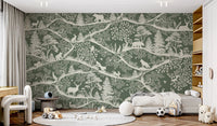 Kids bedroom wall mural with green tree patterns and white animal illustrations.