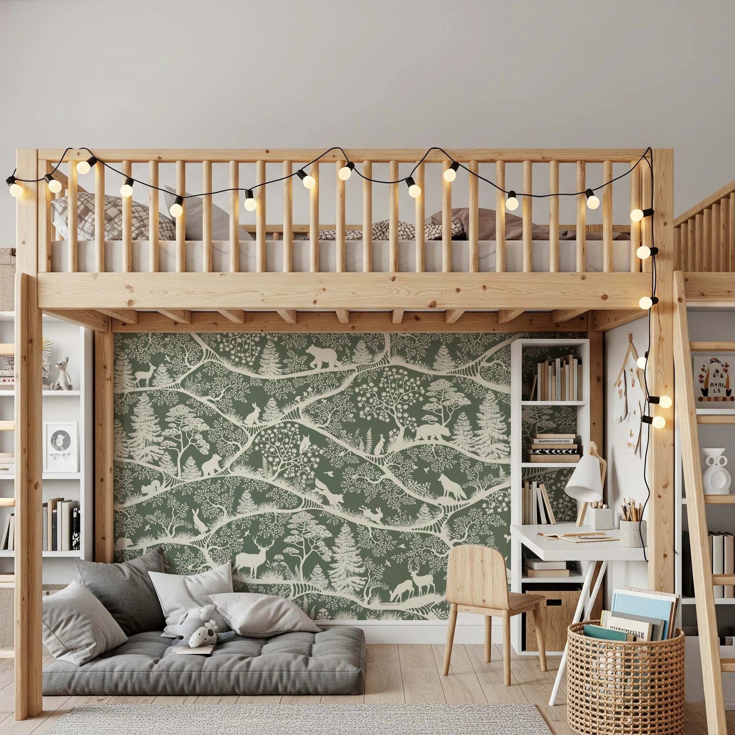 Minimalist green forest wall mural with deer and squirrels in a sunlit study area.