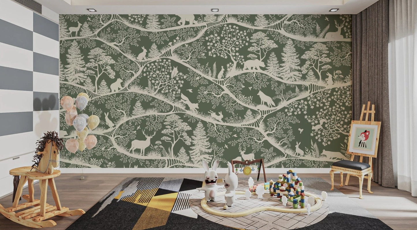 Modern playroom wall mural showing foxes and owls among green forest branches.