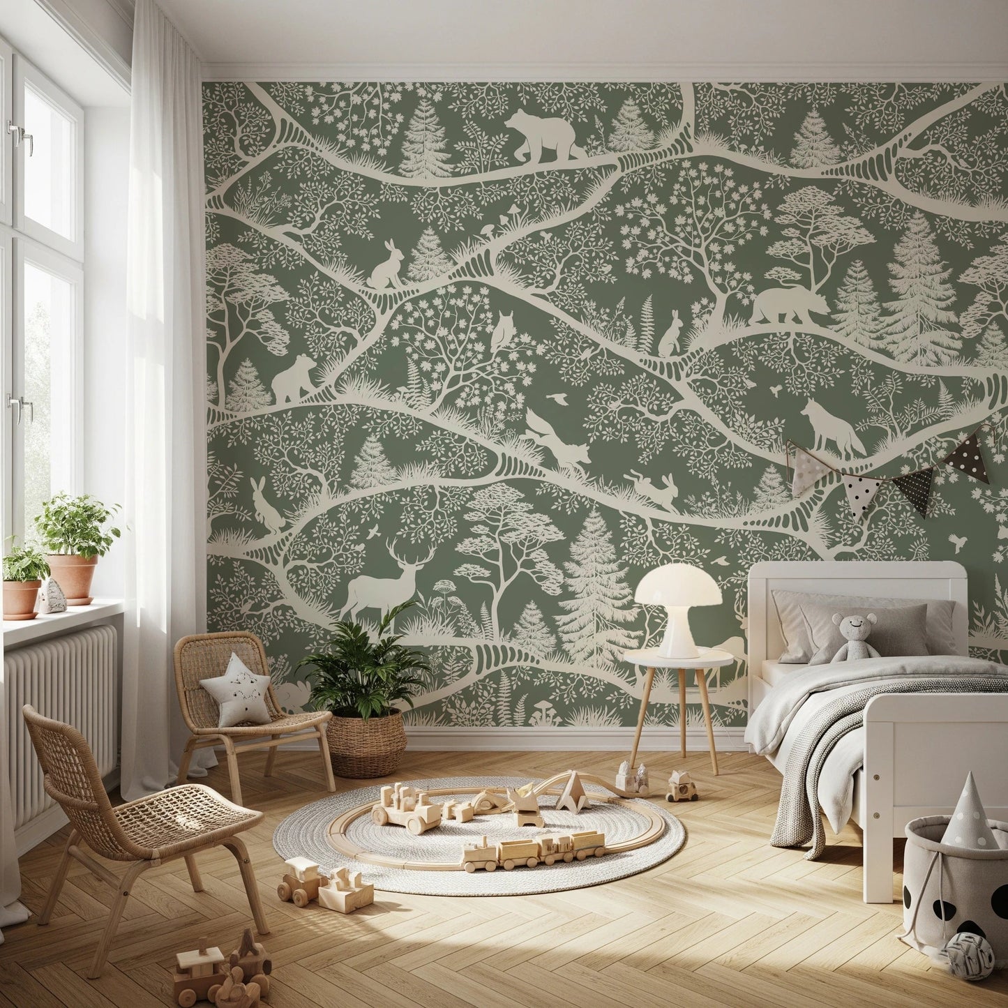 Nordic Forest themed wall mural showing bears and birds in a toddler's sleeping area.